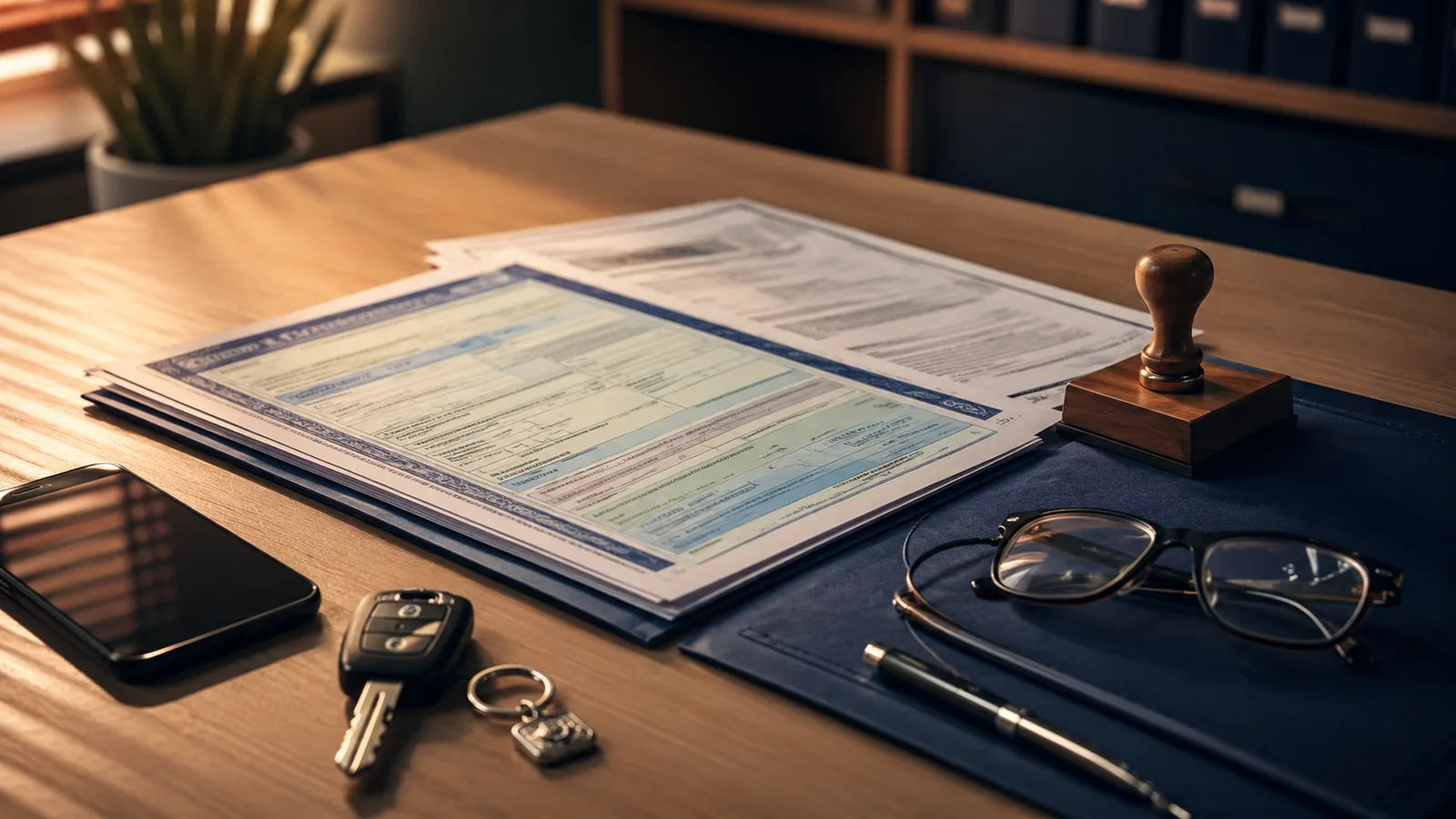Mesa de escritório de despachante com documentos de veículo, carimbo e chave de carro